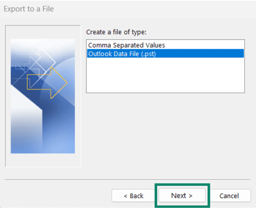 Export to a File wizard with Outlook Data File (.pst) selected.