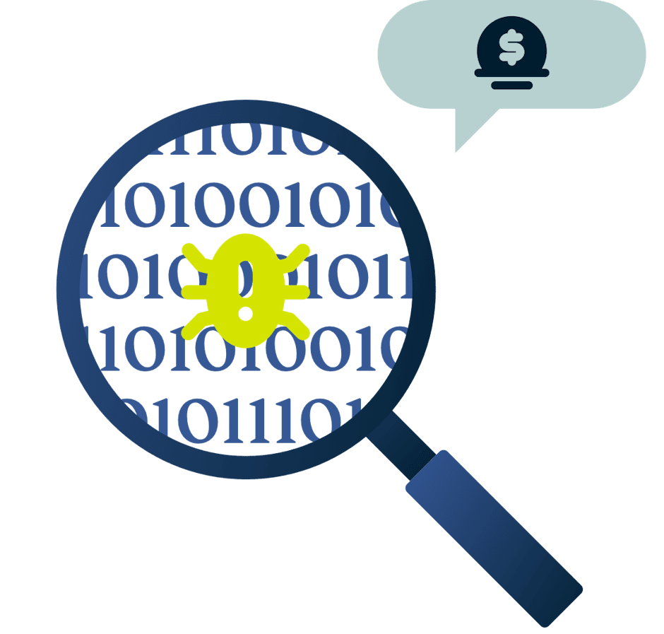 Ett förstoringsglas med en insekt under glaset och en belöningssymbol.