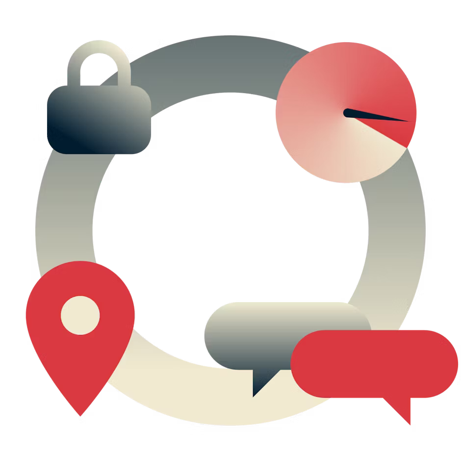 Immagine circolare con un lucchetto, un tachimetro, bolle di chat e un pin di posizione.